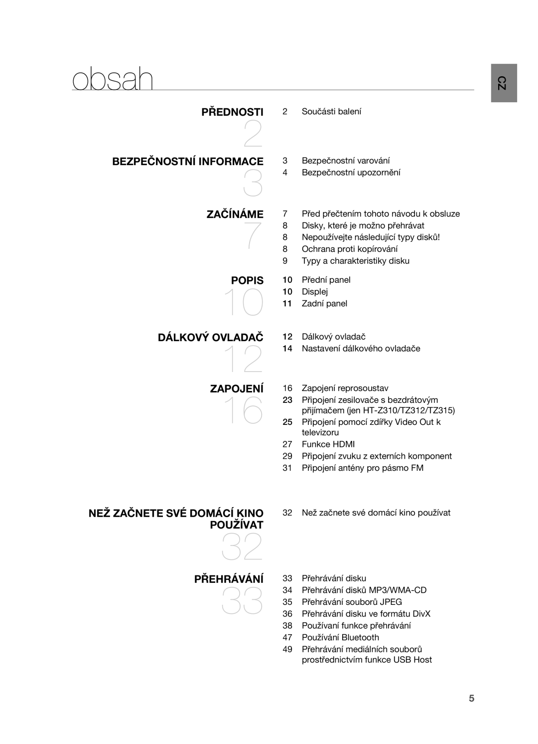 Samsung HT-Z210R/EDC, HT-TZ212R/EDC, HT-Z310R/EDC, HT-TZ315R/EDC manual Obsah, Součásti balení, Bezpečnostní varování 