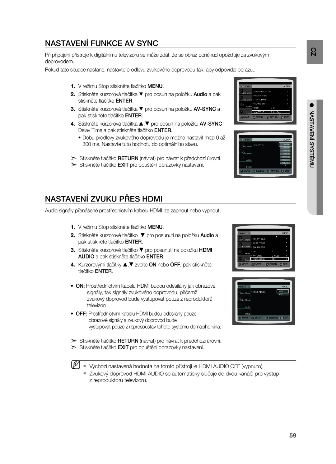 Samsung HT-TZ212R/EDC, HT-Z310R/EDC manual Nastavení funkce AV Sync, Nastavení zvuku přes Hdmi, CZ ému, Syst nastavení 