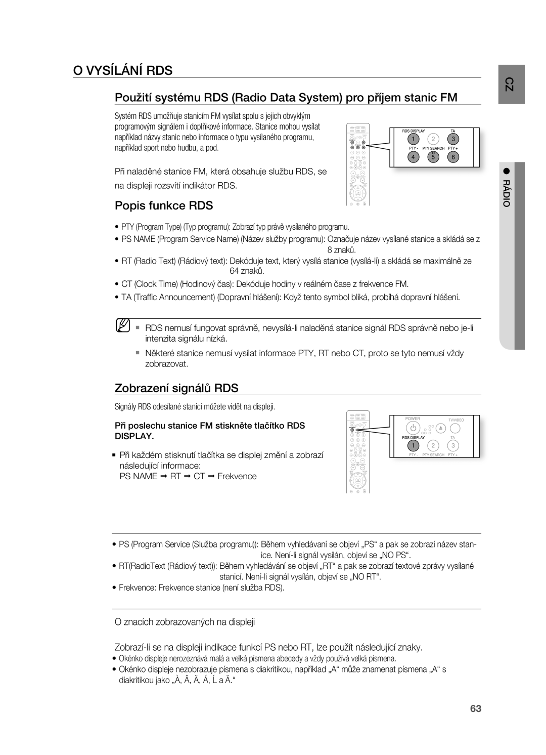 Samsung HT-TZ212R/EDC Vysílání rDS, Použití systému rDS radio Data System pro příjem stanic FM, Popis funkce rDS, Display 