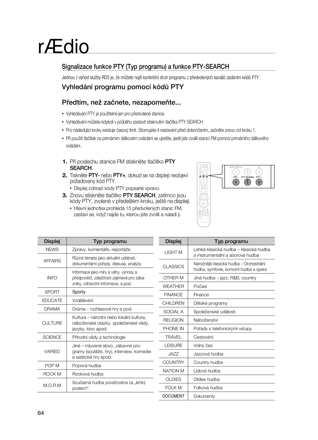 Samsung HT-Z310R/EDC Signalizace funkce PTY Typ programu a funkce PTY-SEArCH, ~ Displej zobrazí kódy PTY popsané vpravo 