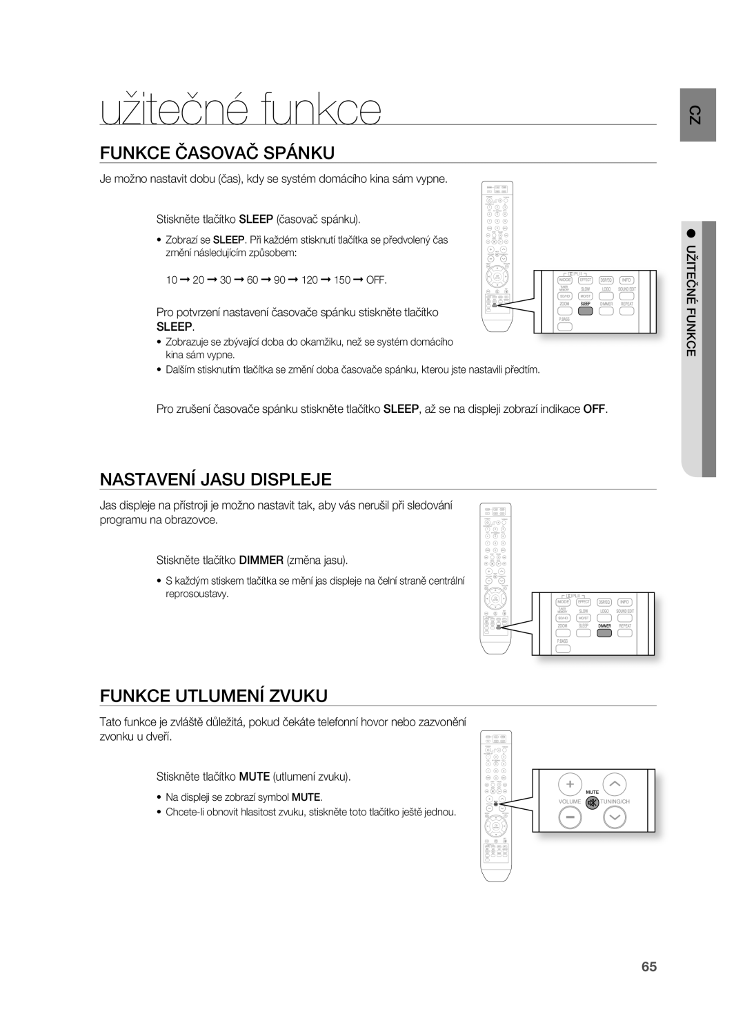 Samsung HT-Z210R/EDC manual Užitečné funkce, Funkce Časovač Spánku, Nastavení Jasu Displeje, Funkce Utlumení Zvuku, Sleep 