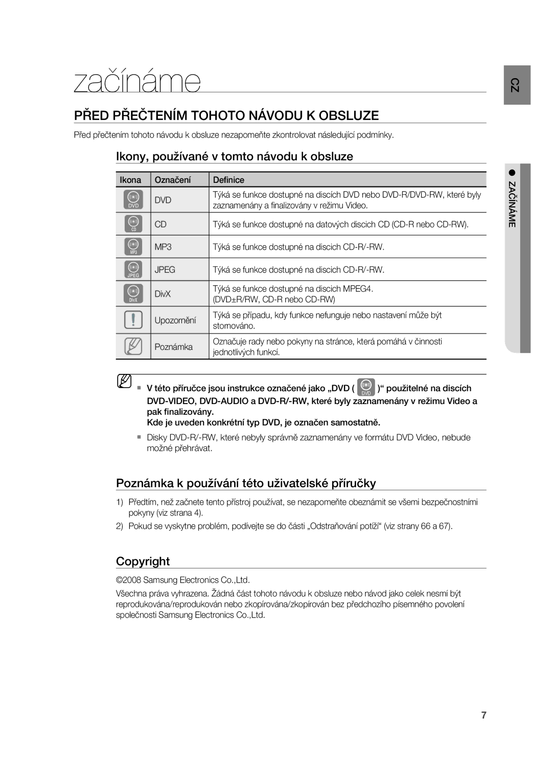 Samsung HT-TZ212R/EDC manual Začínáme, Před přečtením tohoto návodu k obsluze, Ikony, používané v tomto návodu k obsluze 