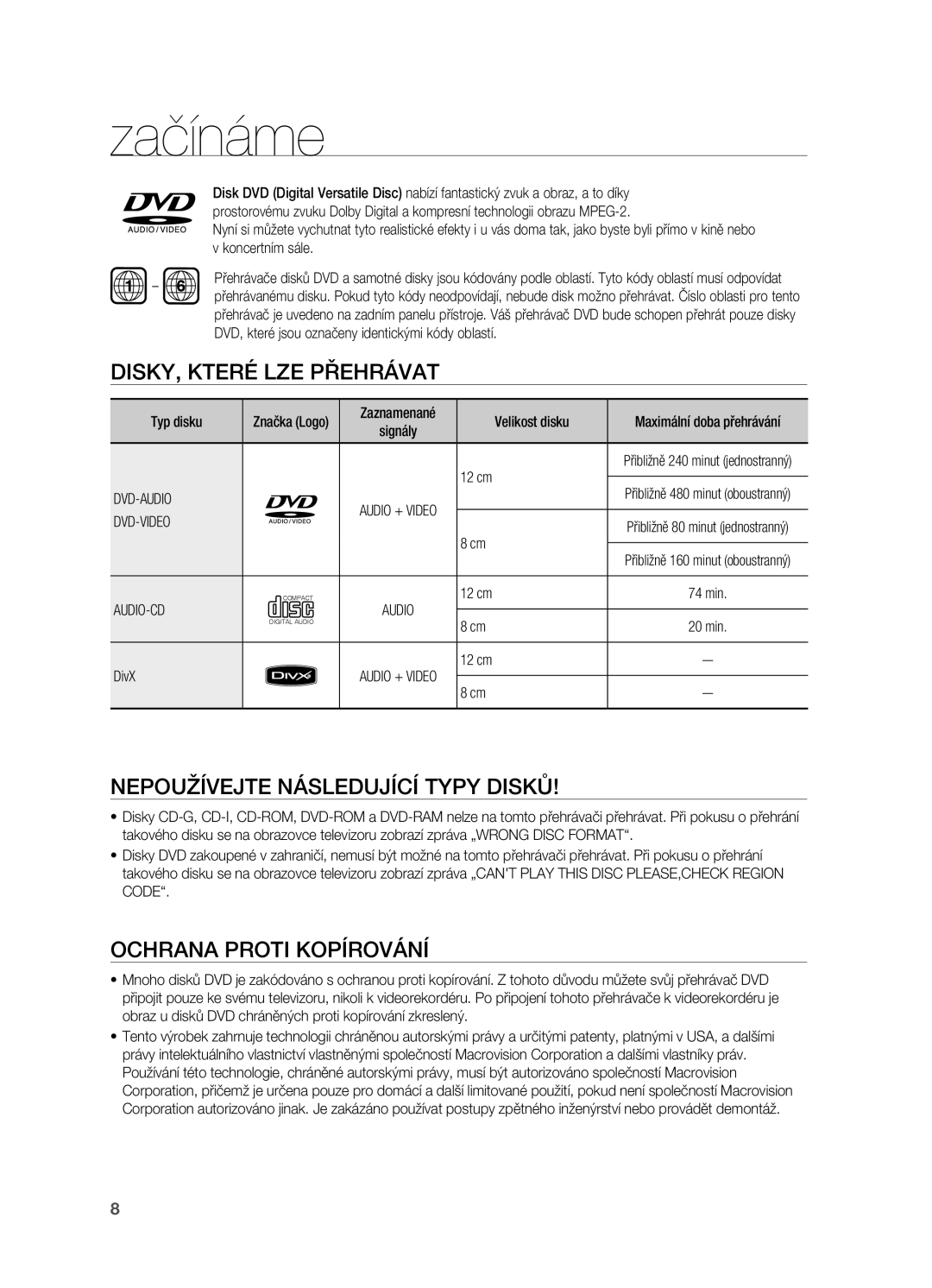 Samsung HT-Z310R/EDC manual Disky, které LZE přehrávat, Nepoužívejte následující typy disků, Ochrana proti kopírování 