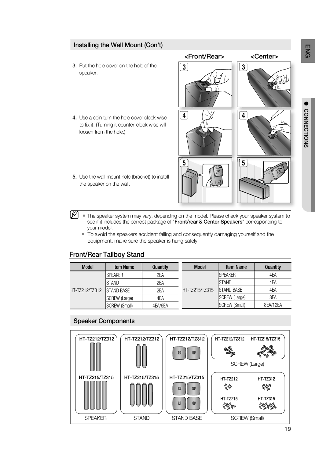 Samsung HT-TZ315R/EDC, HT-TZ212R/EDC, HT-Z310R/EDC, HT-Z210R/EDC, HT-Z210R/XET, HT-TZ315R/XET manual Front/rear Tallboy Stand 