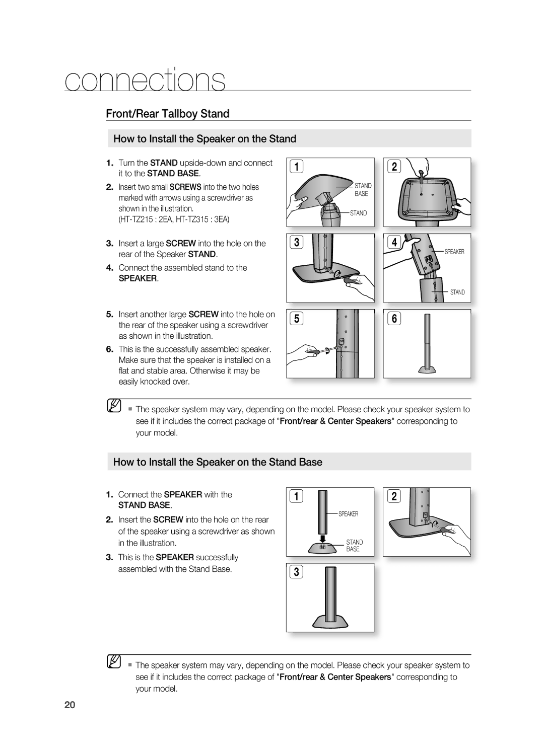 Samsung HT-TZ215R/EDC, HT-TZ212R/EDC manual How to Install the Speaker on the Stand Base, As shown in the illustration 