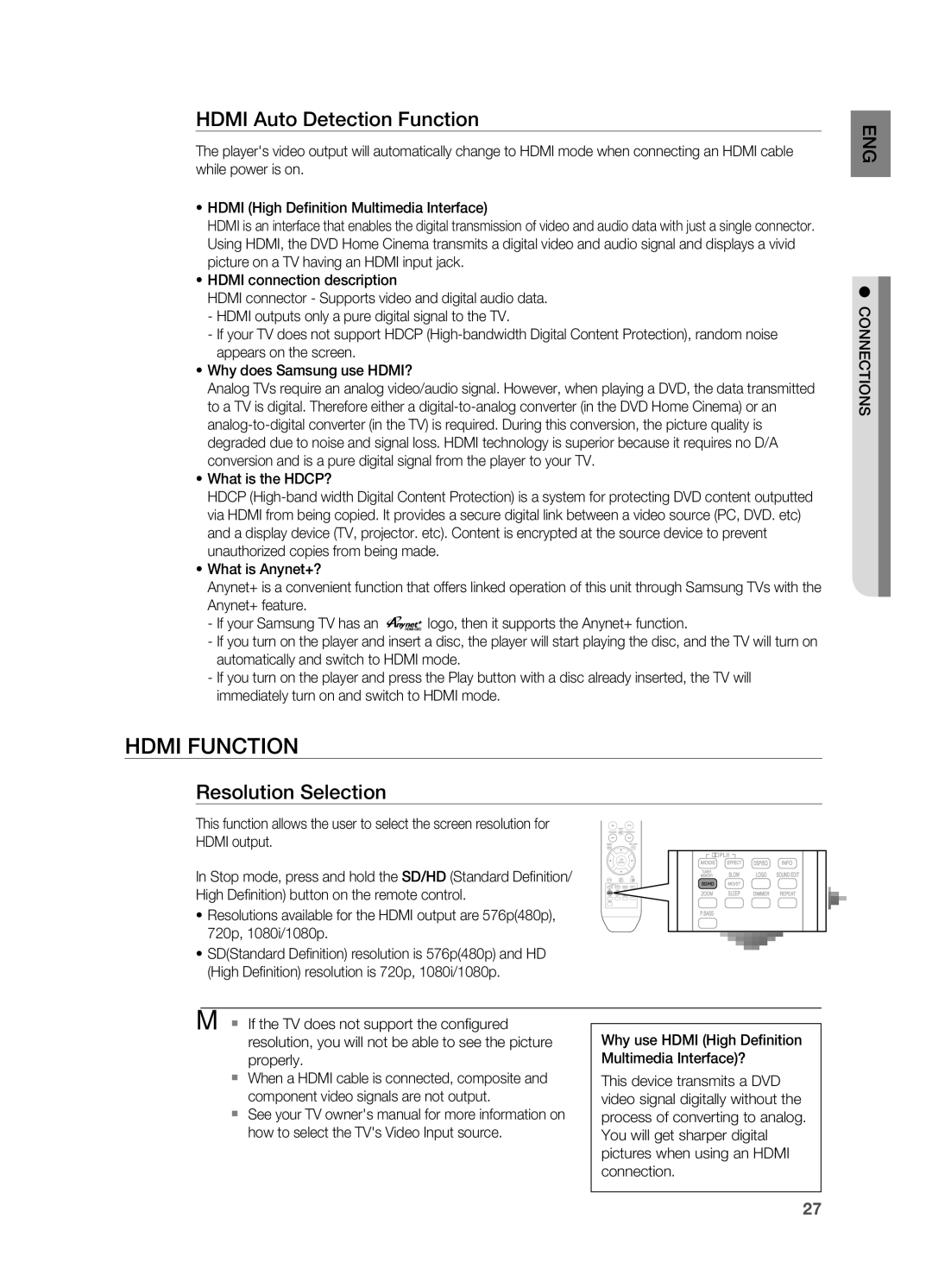 Samsung HT-TZ212R/NWT, HT-TZ212R/EDC, HT-Z310R/EDC manual Hdmi Function, Hdmi Auto Detection Function, Resolution Selection 