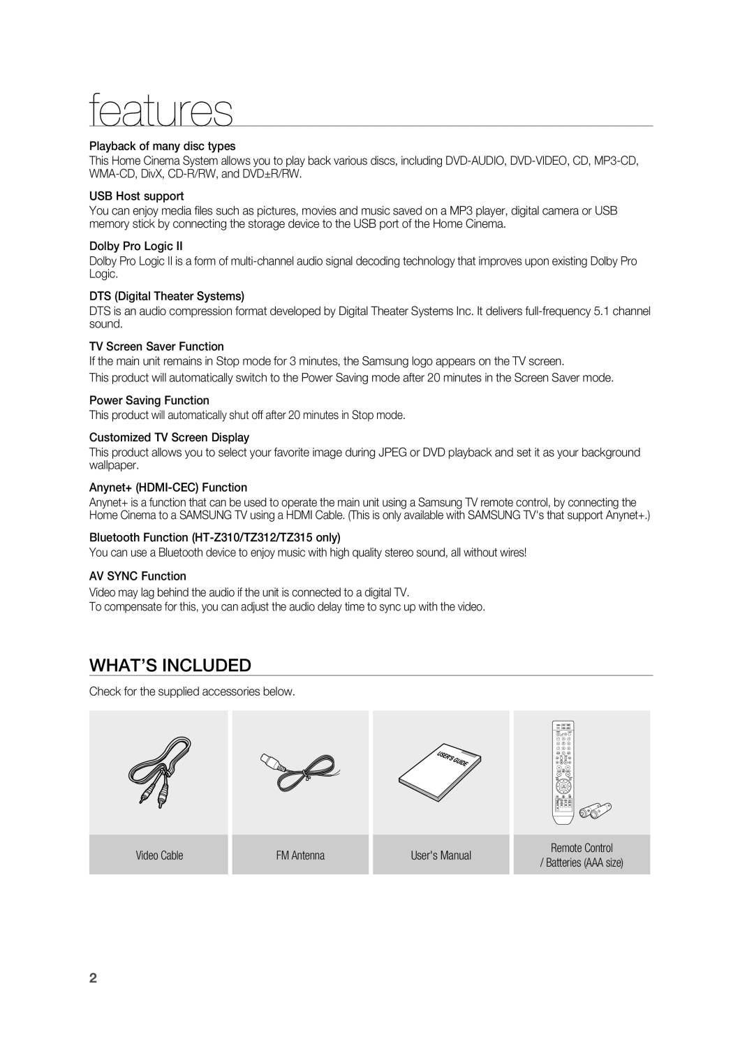 Samsung HT-Z210R/XET, HT-TZ212R/EDC, HT-Z310R/EDC, HT-Z210R/EDC, HT-TZ315R/XET, HT-TZ315R/EDC manual Features, What’s included 