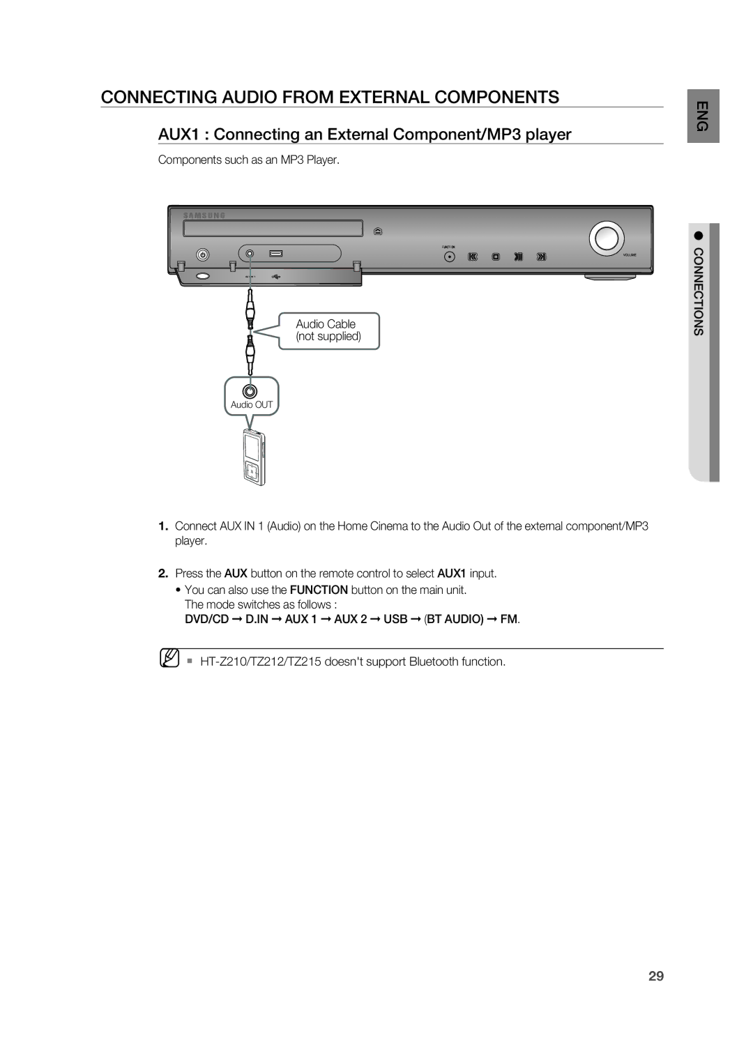 Samsung HT-TZ212R/EDC manual Connecting Audio FrOM EXTErNAL Components, AUX1 Connecting an External Component/MP3 player 