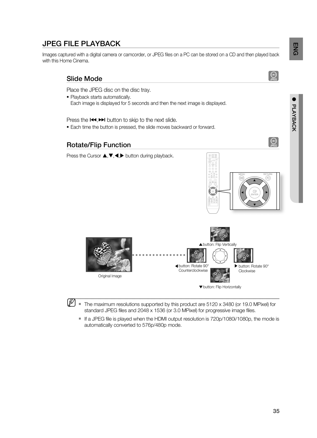 Samsung HT-TZ215R/EDC manual Jpeg File Playback, Slide Mode, Rotate/Flip Function, Place the Jpeg disc on the disc tray 