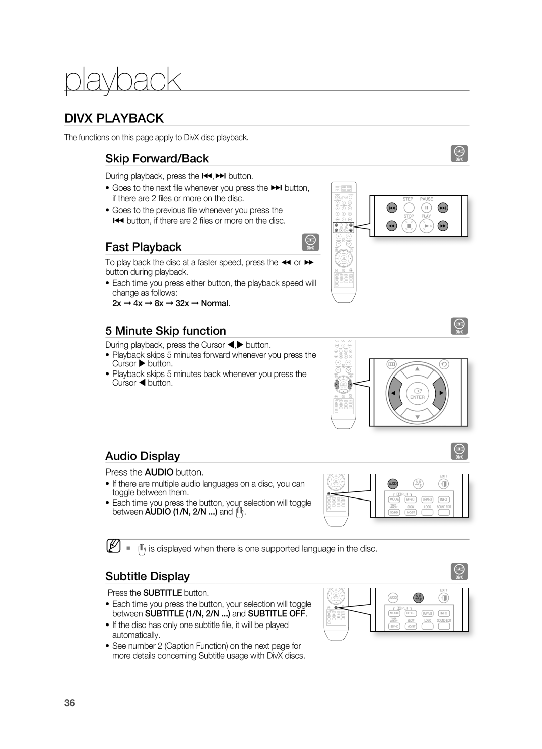 Samsung HT-TZ315R/XEE, HT-TZ212R/EDC, HT-Z310R/EDC, HT-Z210R/EDC, HT-Z210R/XET, HT-TZ315R/XET, HT-TZ315R/EDC manual Divx Playback 