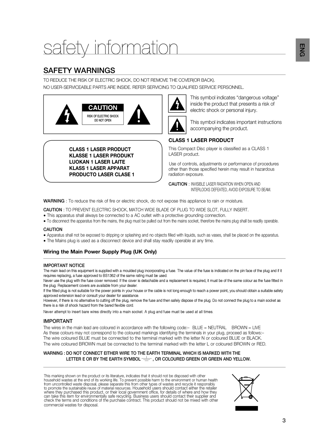 Samsung HT-TZ315R/XET, HT-TZ212R/EDC, HT-Z310R/EDC, HT-Z210R/EDC, HT-Z210R/XET manual Safety information, Safety Warnings 