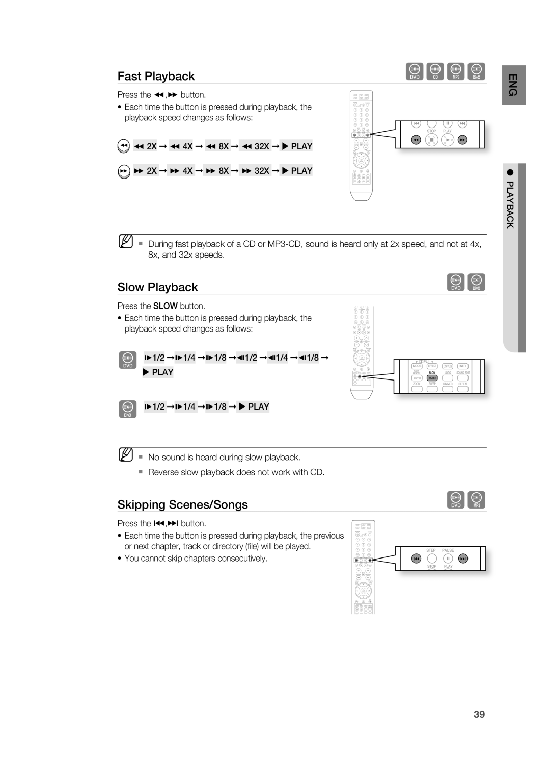 Samsung HT-Z210R/XEE, HT-TZ212R/EDC manual Slow Playback, Skipping Scenes/Songs, Press the , button, Press the Slow button 