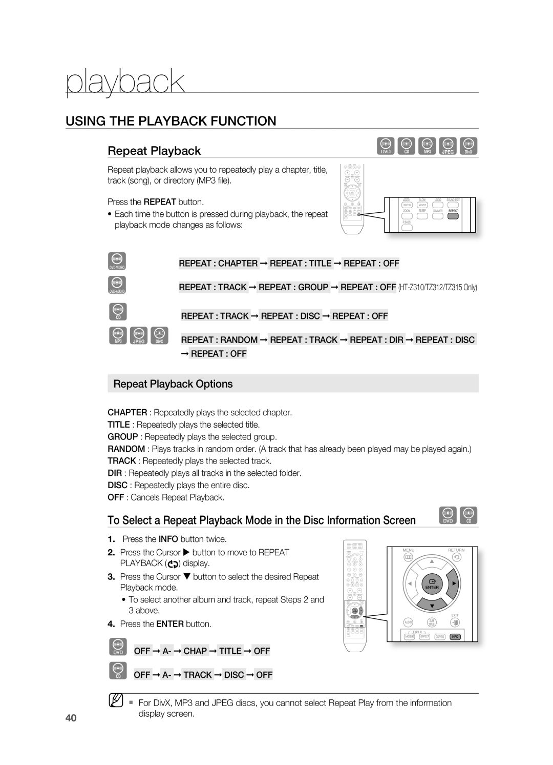 Samsung HT-Z310R/XEE, HT-TZ212R/EDC, HT-Z310R/EDC, HT-Z210R/EDC, HT-Z210R/XET, HT-TZ315R/XET manual Repeat Playback Options 