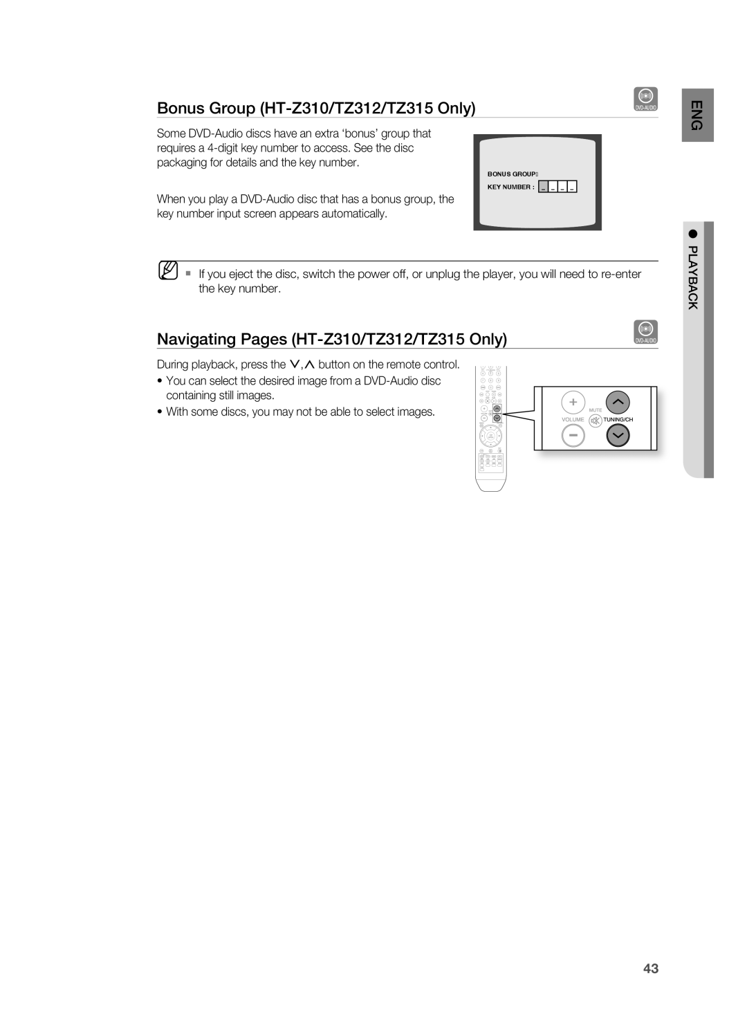 Samsung HT-TZ215RS/EDC, HT-TZ212R/EDC manual Bonus Group HT-Z310/TZ312/TZ315 Only, Navigating Pages HT-Z310/TZ312/TZ315 Only 