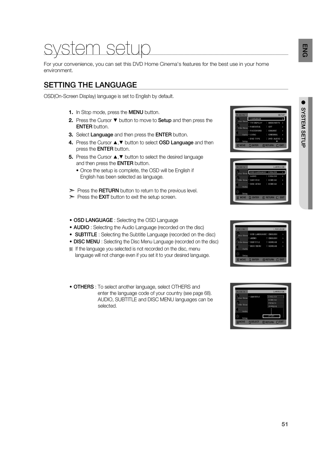 Samsung HT-TZ315R/XEE, HT-TZ212R/EDC, HT-Z310R/EDC, HT-Z210R/EDC manual System setup, Setting the Language, ENG etup, Mes syst 