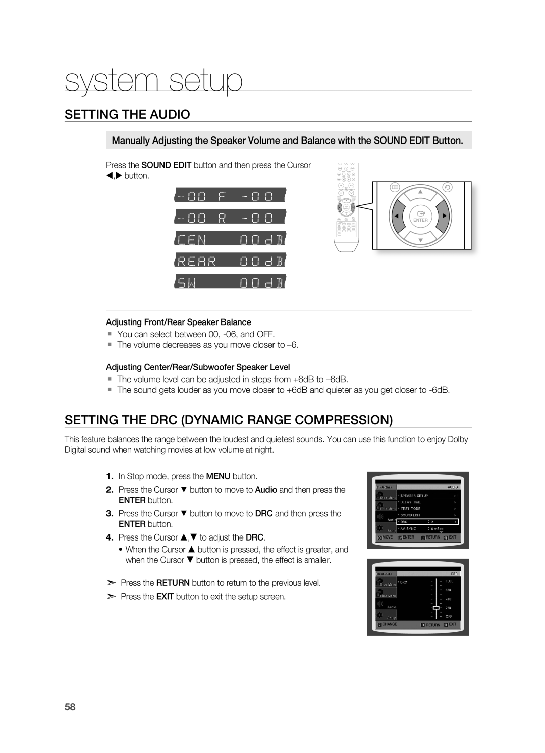 Samsung HT-TZ215RS/EDC, HT-TZ212R/EDC, HT-Z310R/EDC manual Setting the Audio, Setting the DrC Dynamic rANGE COMPrESSION 