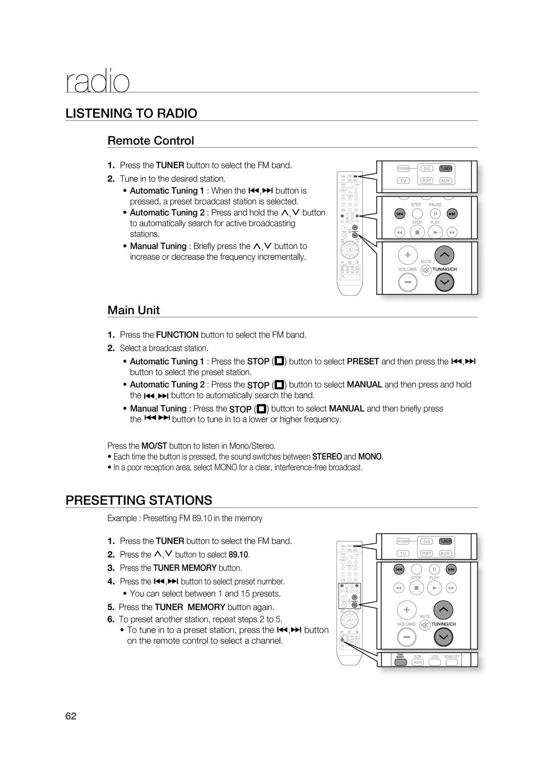 Samsung HT-Z210R/XET, HT-TZ212R/EDC, HT-Z310R/EDC Radio, Listening to rADIO, PrESETTING Stations, Remote Control, Main Unit 