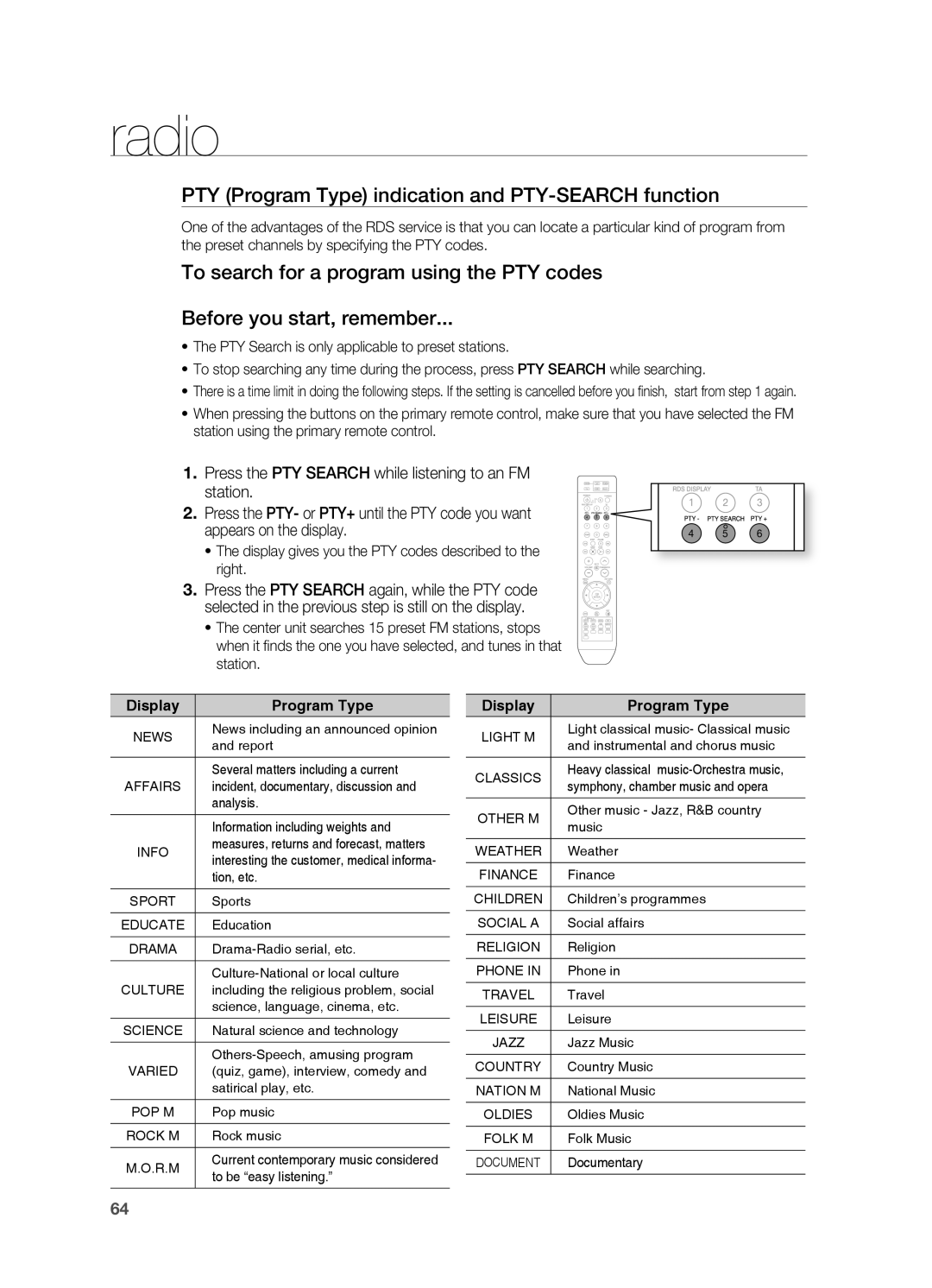 Samsung HT-TZ315R/EDC, HT-TZ212R/EDC, HT-Z310R/EDC, HT-Z210R/EDC manual PTY Program Type indication and PTY-SEARCH function 