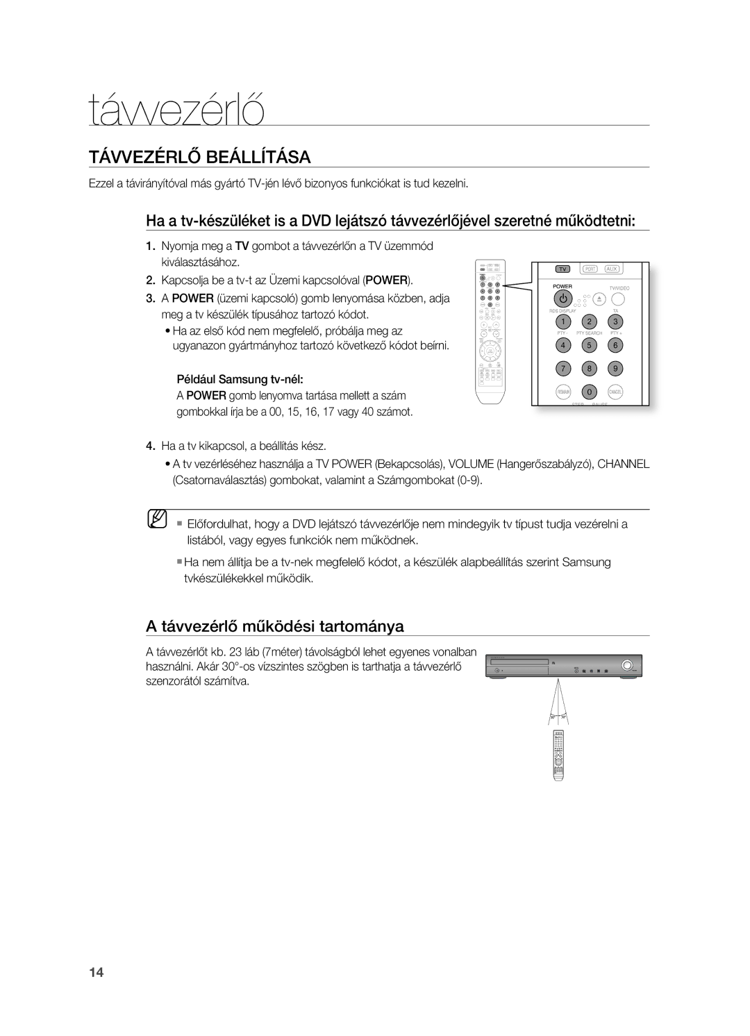 Samsung HT-Z210R/XET, HT-TZ212R/EDC manual TávvezÉRLő BeáLLíTáSA, Távvezérlő működési tartománya, Például Samsung tv-nél 