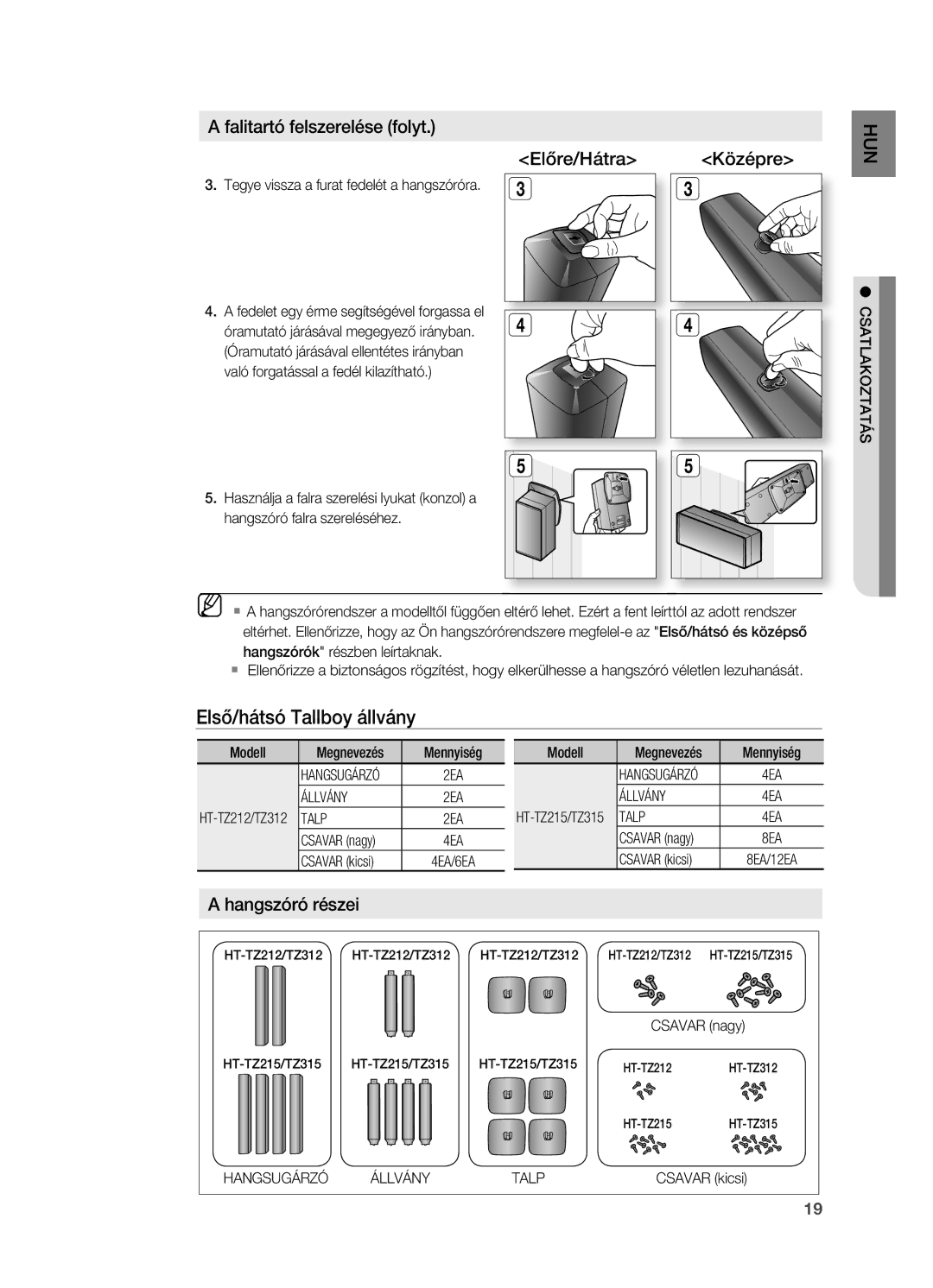 Samsung HT-TZ212R/XEE, HT-TZ212R/EDC, HT-Z310R/EDC Első/hátsó Tallboy állvány, Falitartó felszerelése folyt, Előre/Hátra 