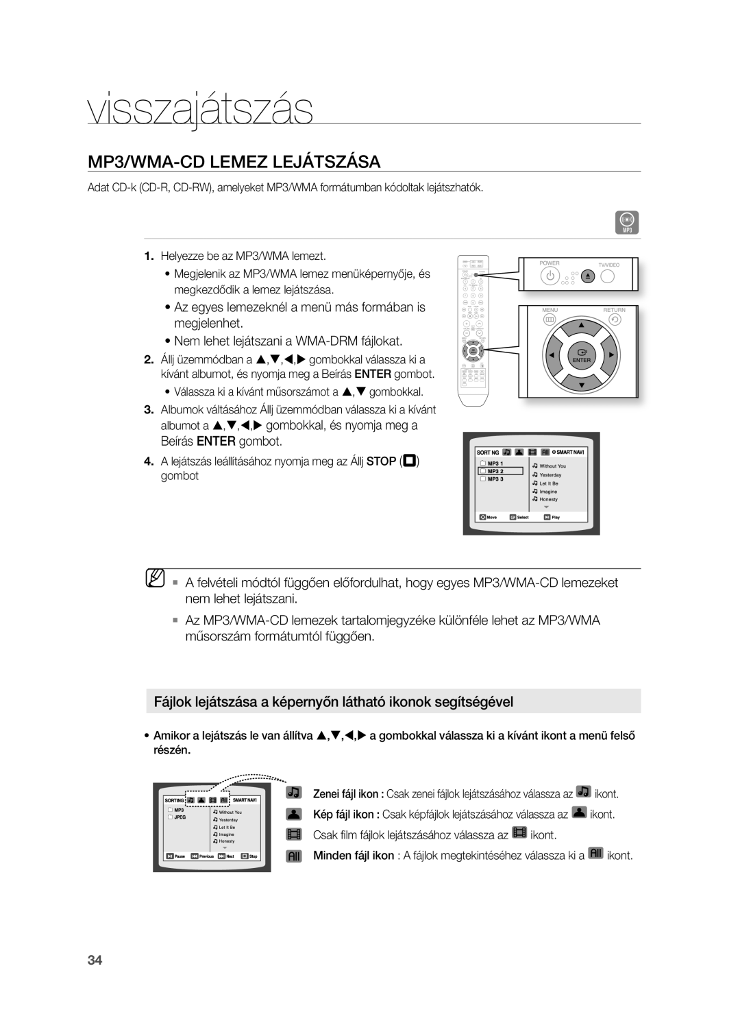 Samsung HT-TZ215RS/EDC manual Mp3/WMA-CD LeMez LejáTSzáSA, Fájlok lejátszása a képernyőn látható ikonok segítségével 