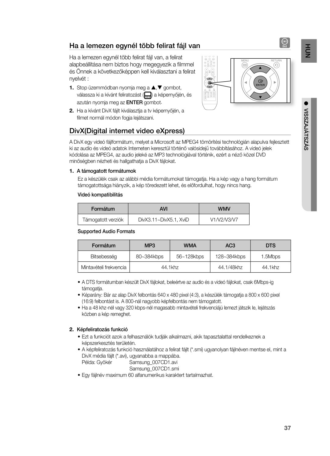 Samsung HT-Z210R/EDC, HT-TZ212R/EDC manual Ha a lemezen egynél több felirat fájl van, DivXDigital internet video eXpress 