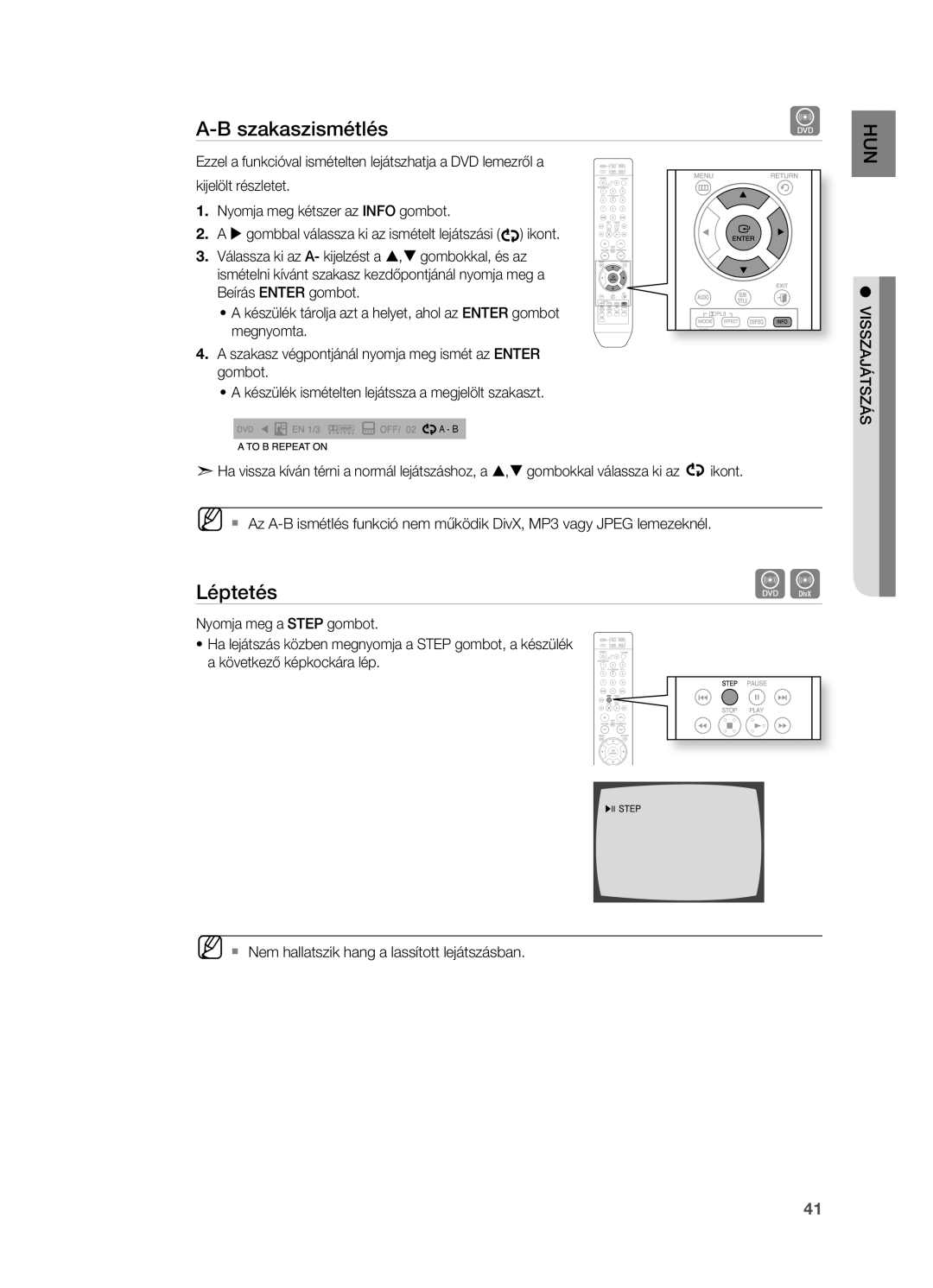 Samsung HT-TZ215R/EDC, HT-TZ212R/EDC, HT-Z310R/EDC, HT-Z210R/EDC, HT-Z210R/XET, HT-TZ315R/XET manual Szakaszismétlés, Léptetés 