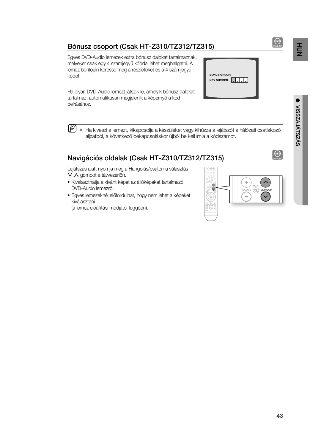 Samsung HT-TZ212R/XEE, HT-TZ212R/EDC Bónusz csoport Csak HT-z310/Tz312/Tz315, Navigációs oldalak Csak HT-z310/Tz312/Tz315 