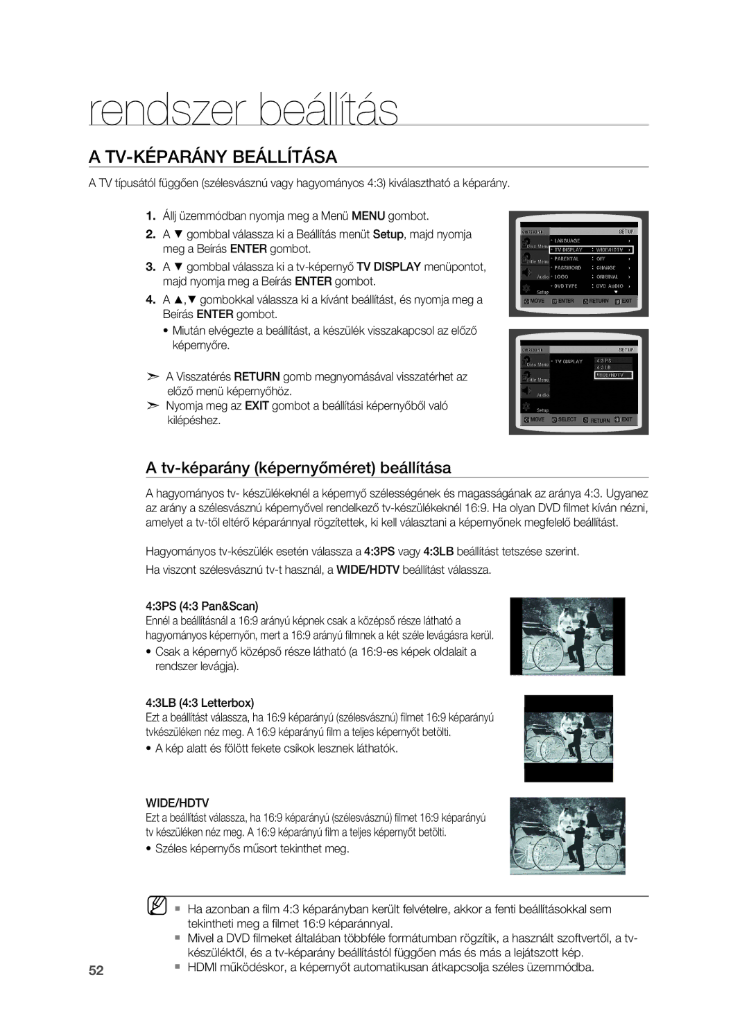 Samsung HT-TZ315R/EDC, HT-TZ212R/EDC manual Tv-képarány beállítása, Tv-képarány képernyőméret beállítása, 43PS 43 Pan&Scan 