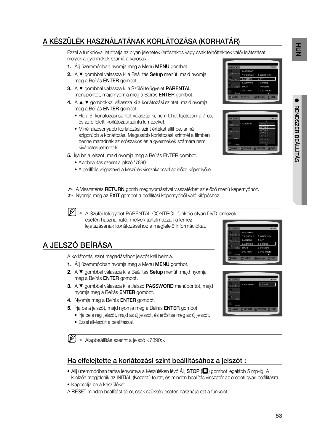 Samsung HT-TZ215R/EDC, HT-TZ212R/EDC manual Készülék használatának korlátozása Korhatár, Jelszó beírása, Kívánatos jelenetek 