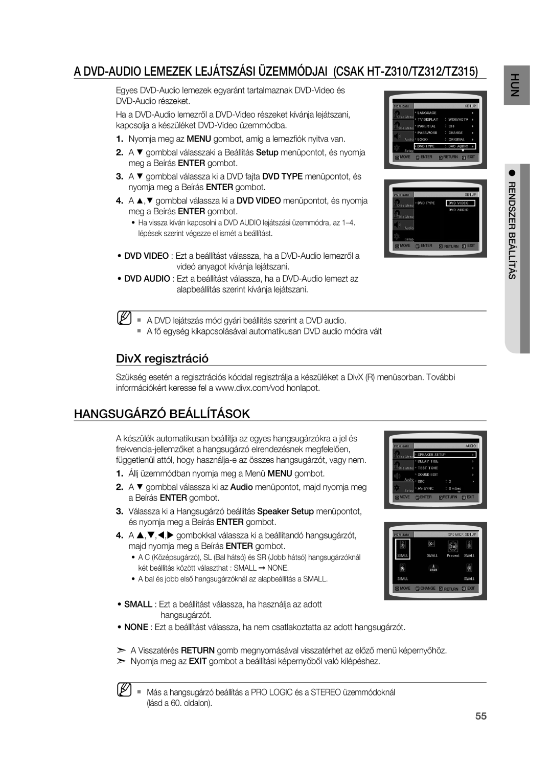 Samsung HT-TZ212R/XEE, HT-TZ212R/EDC, HT-Z310R/EDC, HT-Z210R/EDC, HT-Z210R/XET manual DivX regisztráció Hangsugárzó beállítások 