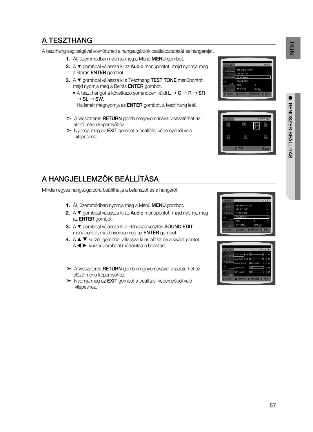 Samsung HT-Z210R/XEE, HT-TZ212R/EDC, HT-Z310R/EDC, HT-Z210R/EDC, HT-Z210R/XET manual Teszthang, Hangjellemzők beállítása 