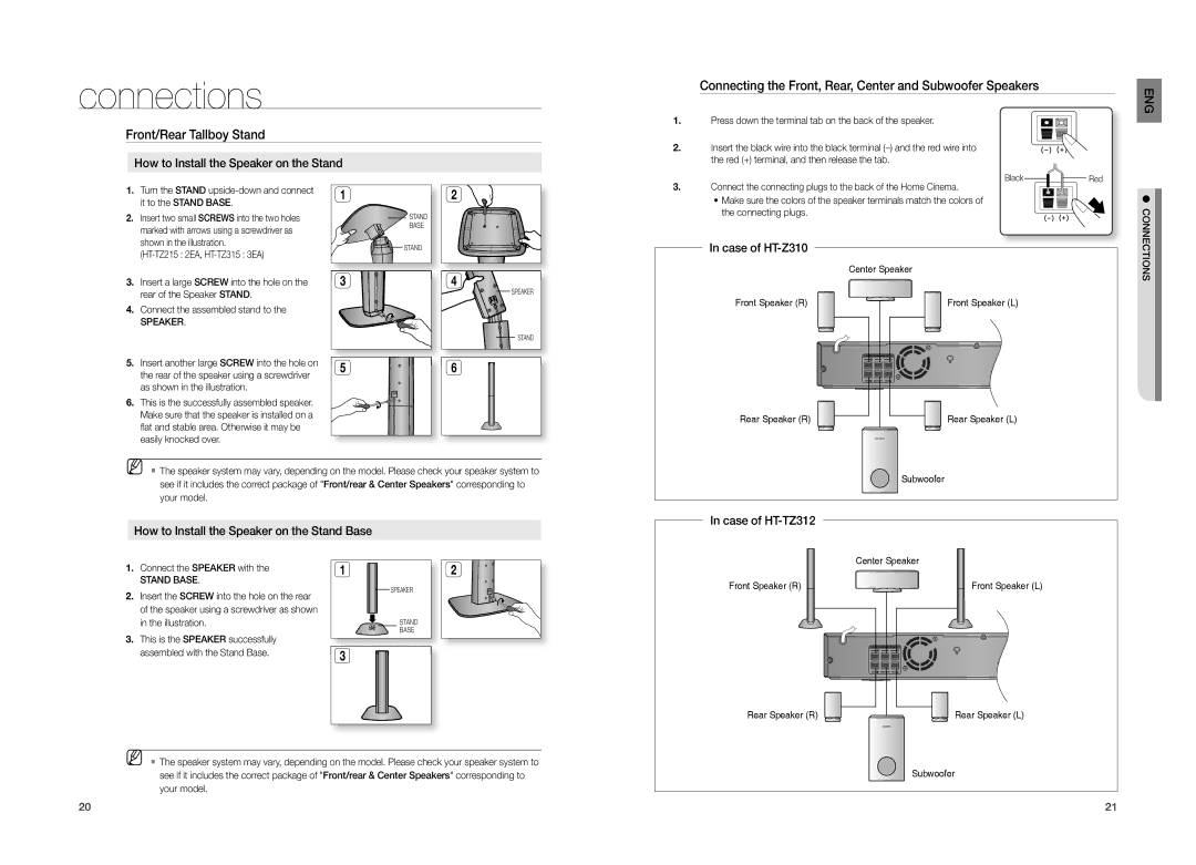 Samsung HT-TZ212 Connecting the Front, Rear, Center and Subwoofer Speakers, How to Install the Speaker on the Stand 