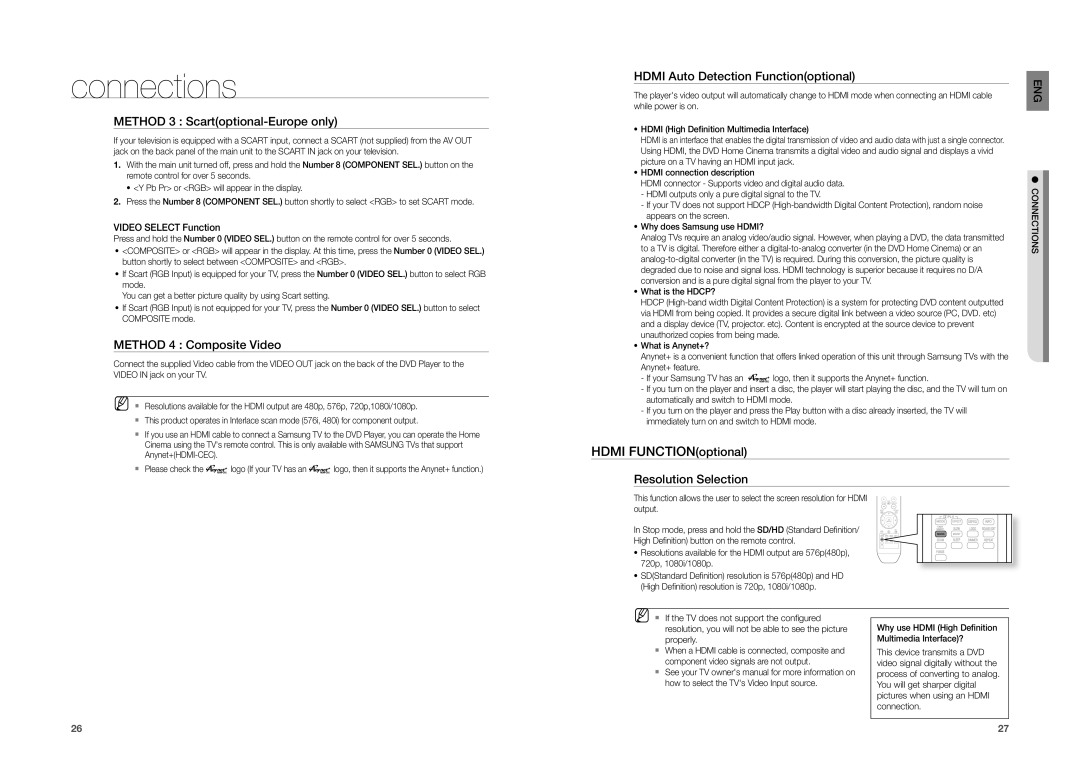 Samsung HT-TZ212 Method 3 Scartoptional-Europe only, Method 4 Composite Video, Hdmi Auto Detection Functionoptional 