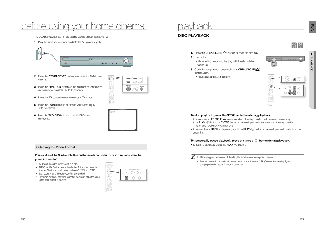 Samsung HT-TZ212, HT-TZ215, HT-TZ315 user manual Before using your home cinema, Disc Playback, Selecting the Video Format 