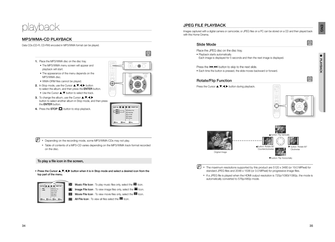 Samsung HT-TZ215, HT-TZ315, HT-TZ212 user manual MP3/WMA-CD Playback, Jpeg File Playback, Slide Mode, Rotate/Flip Function 