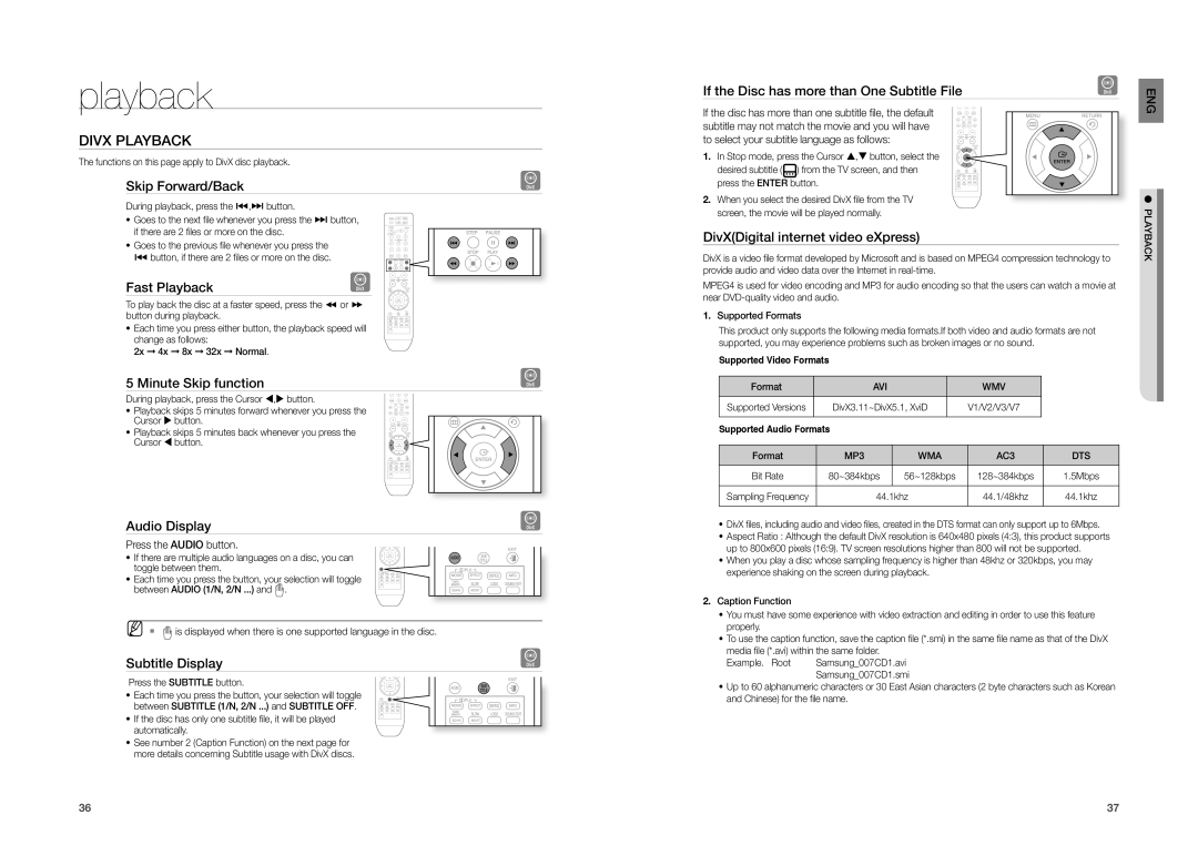 Samsung HT-TZ315, HT-TZ215, HT-TZ212 user manual Divx Playback 