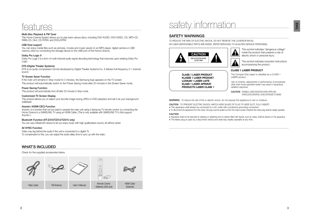 Samsung HT-TZ212, HT-TZ215, HT-TZ315 user manual Features, Safety information, Safety Warnings, WHAT’S Included 