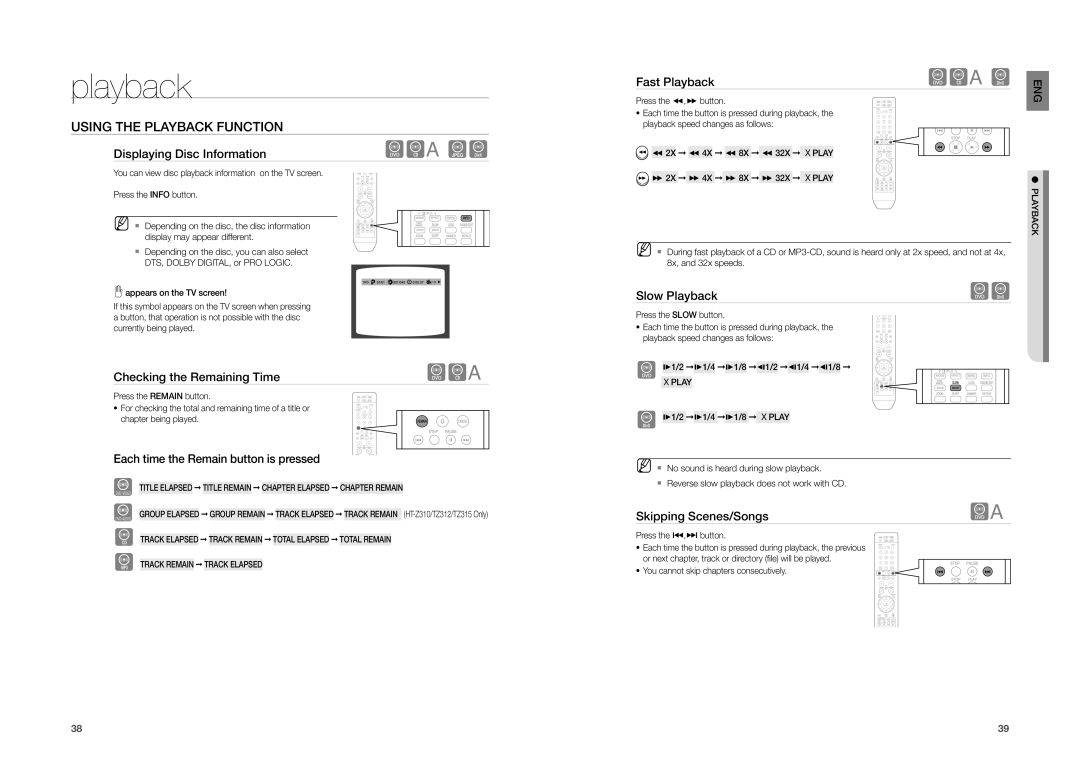 Samsung HT-TZ212, HT-TZ215, HT-TZ315 user manual Using the Playback Function 