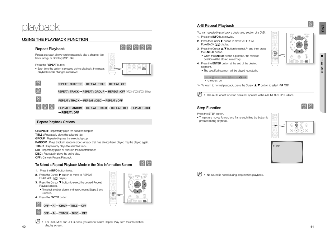 Samsung HT-TZ215 Step Function, Repeat Playback Options, Repeat Chapter Repeat Title Repeat OFF, OFF A- Track Disc OFF 