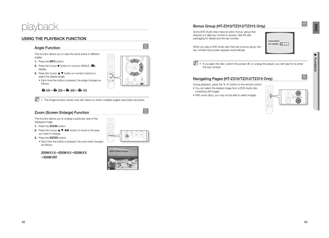 Samsung HT-TZ315, HT-TZ215 Angle Function, Zoom Screen Enlarge Function, Bonus Group HT-Z310/TZ312/TZ315 Only, Zoom OFF 