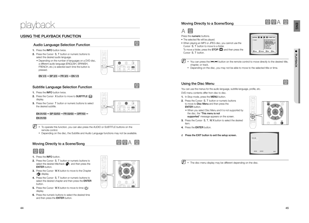 Samsung HT-TZ212 Audio Language Selection Function, Subtitle Language Selection Function, Moving Directly to a Scene/Song 