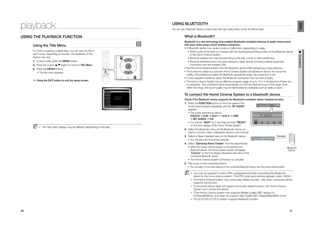 Samsung HT-TZ215, HT-TZ315, HT-TZ212 user manual Using Bluetooth, Using the Title Menu, What is Bluetooth? 