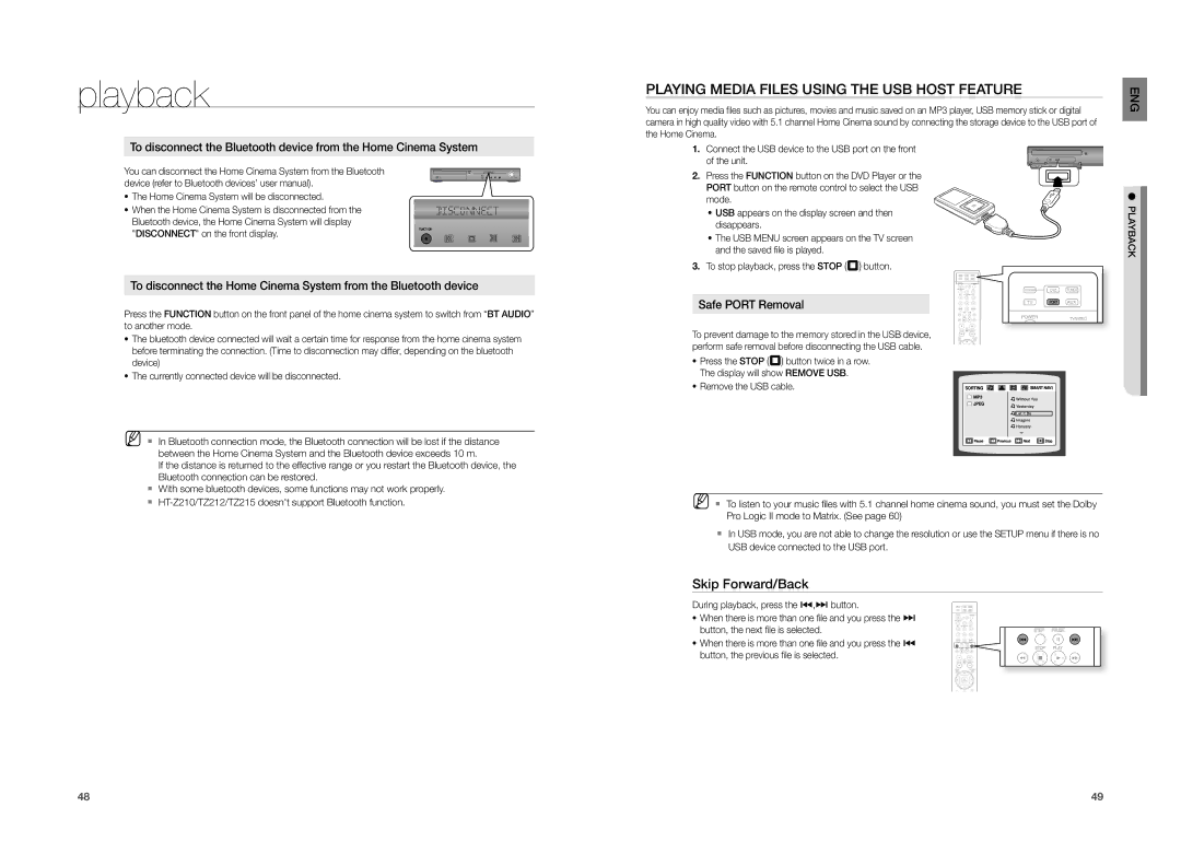 Samsung HT-TZ315 Playing Media Files Using the USB Host Feature, Safe Port Removal, Disconnect on the front display 