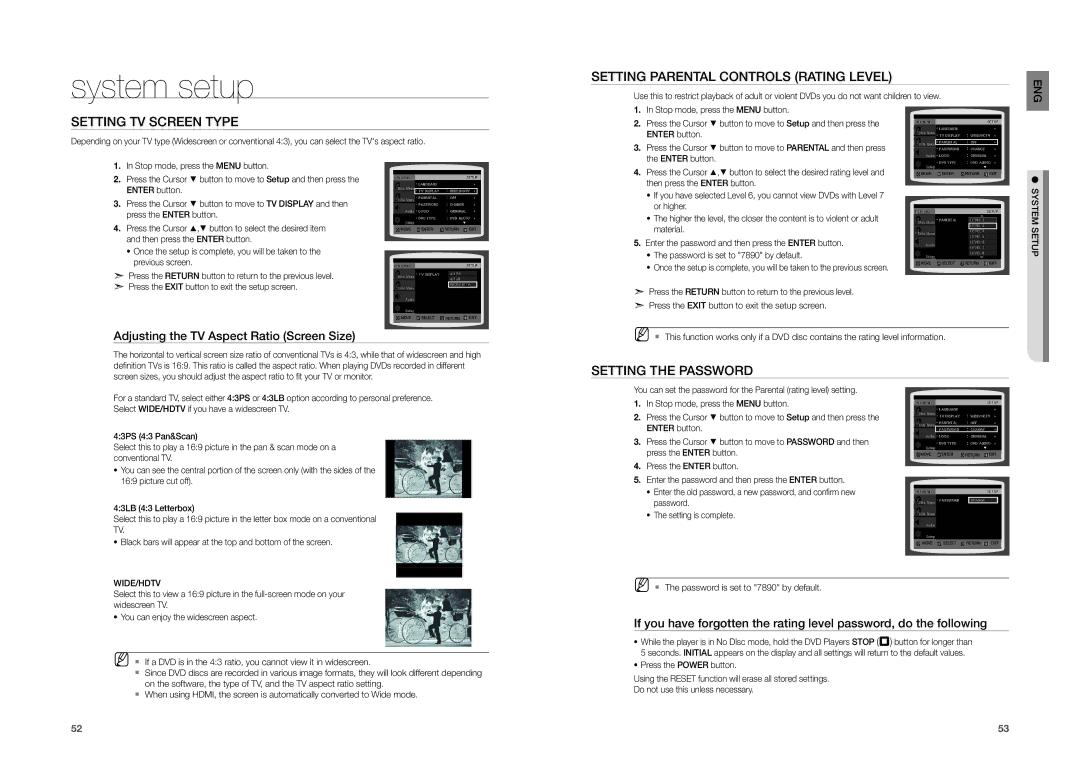 Samsung HT-TZ215, HT-TZ315 Setting TV Screen Type, Setting Parental Controls Rating Level, Setting the Password, Wide/Hdtv 