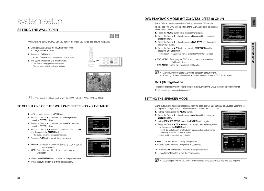 Samsung HT-TZ315, HT-TZ215, HT-TZ212 DVD Playback Mode HT-Z310/TZ312/TZ315 only, Setting the Wallpaper, DviX R Registration 