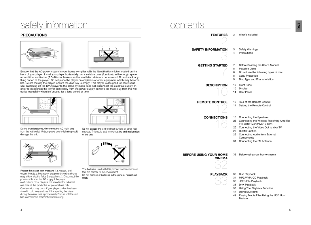 Samsung HT-TZ215, HT-TZ315, HT-TZ212 user manual Contents 