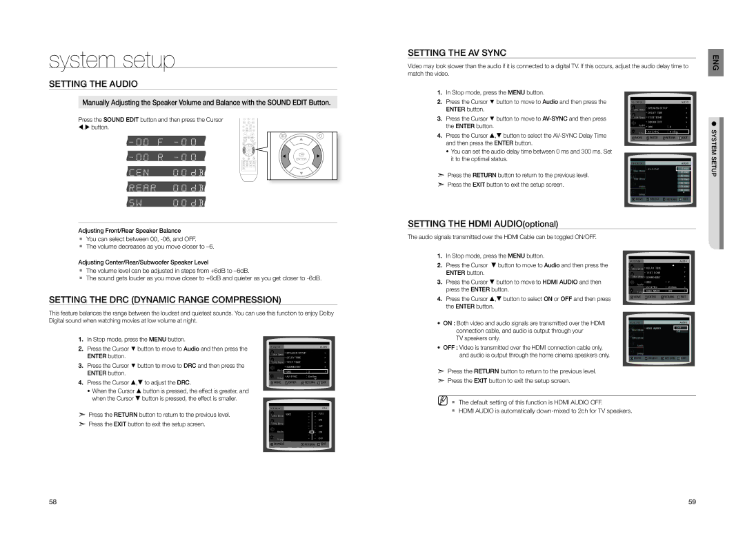 Samsung HT-TZ215, HT-TZ315, HT-TZ212 user manual Setting the Hdmi AUDIOoptional 