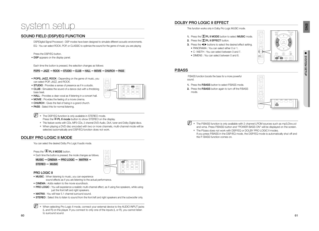 Samsung HT-TZ315, HT-TZ215, HT-TZ212 Sound Field DSP/EQ Function, Dolby PRO Logic II Mode, Dolby PRO Logic II Effect, Bass 