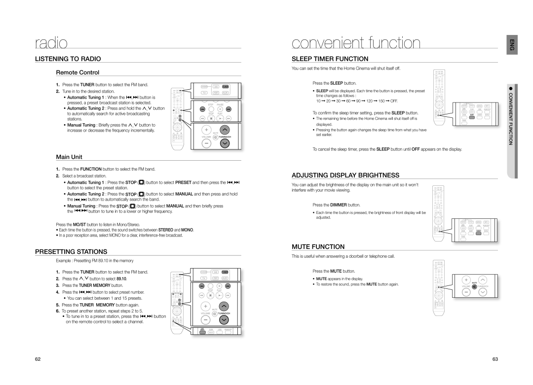 Samsung HT-TZ212, HT-TZ215, HT-TZ315 user manual Radio, Convenient function 